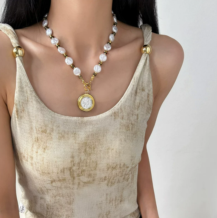 Antique Coin Pearl Necklace