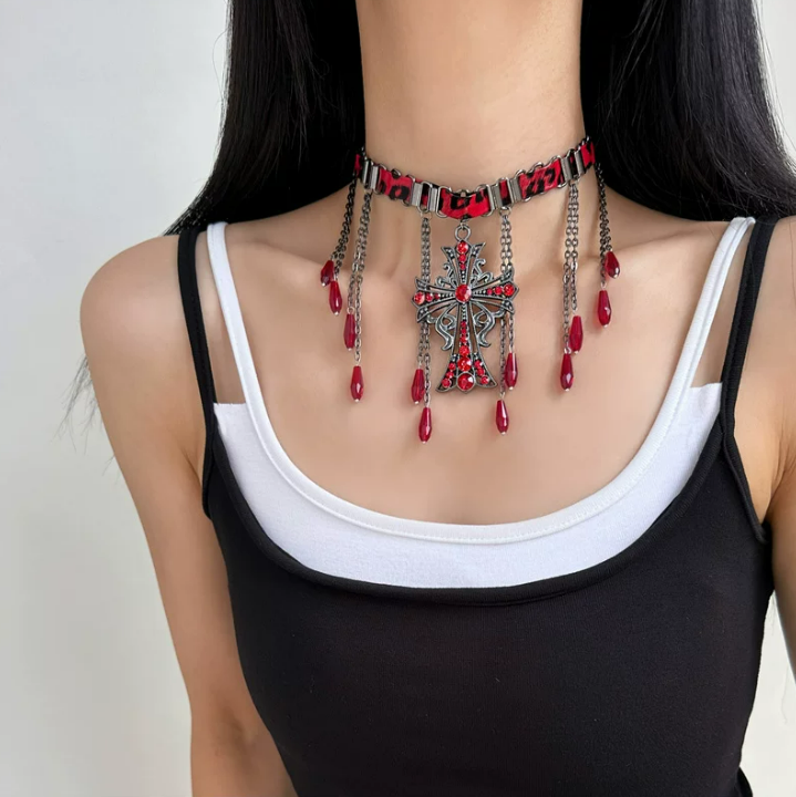 Noir Teardrop Cross Necklace