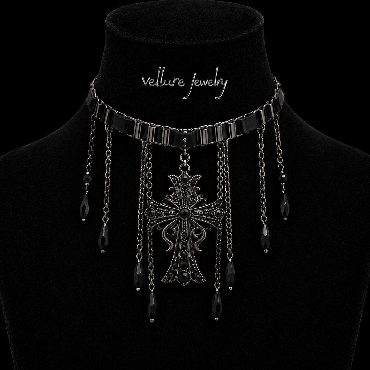 Noir Teardrop Cross Necklace
