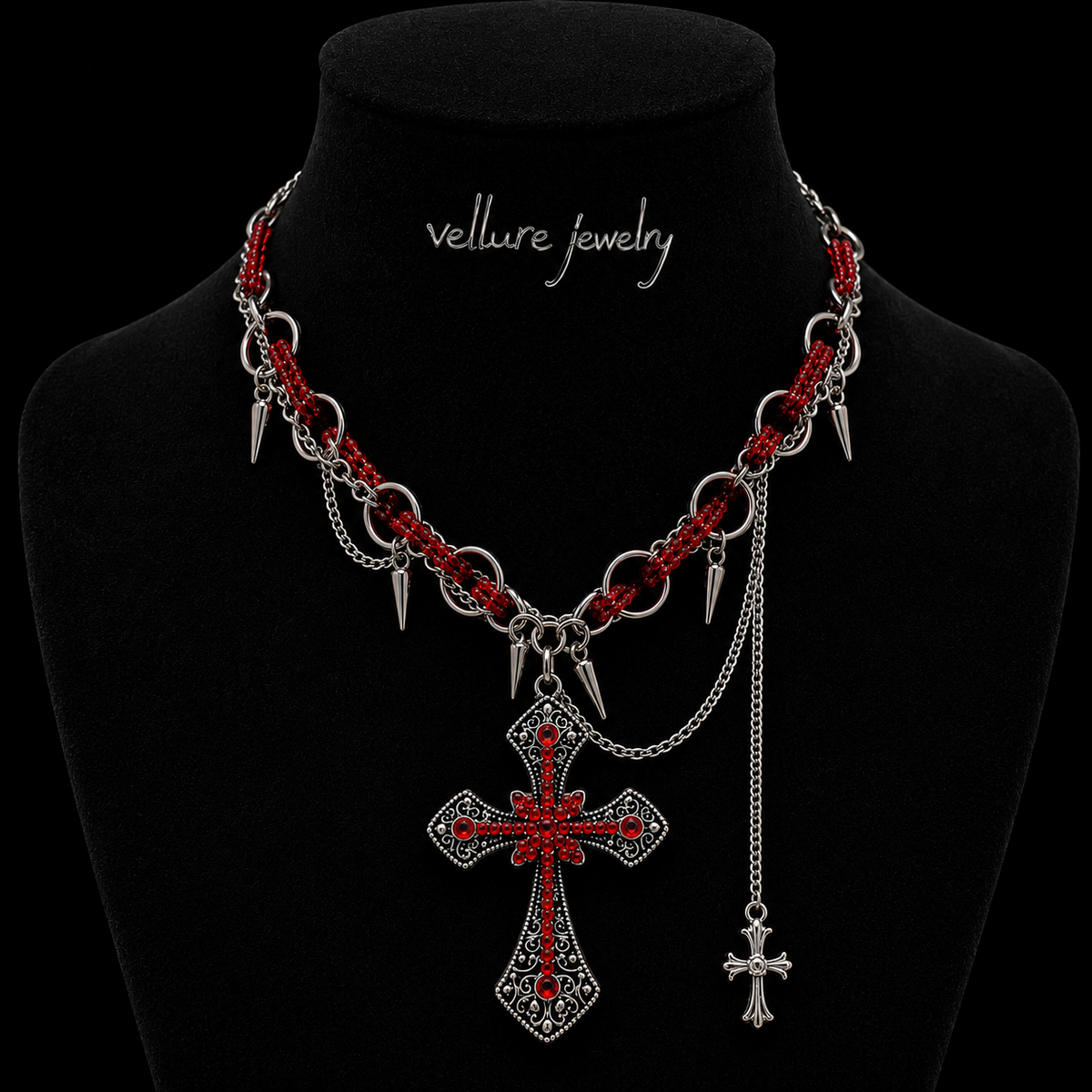 Crimson Cross Studded Choker