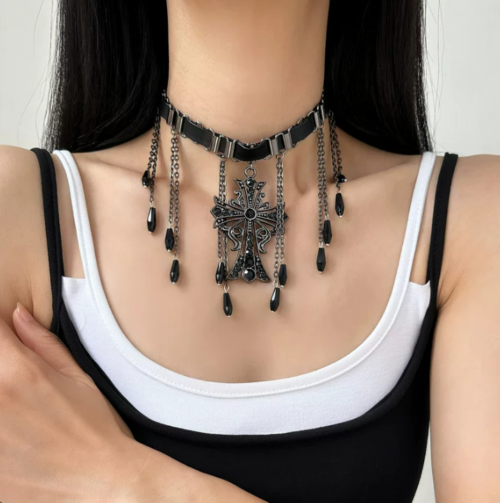 Noir Teardrop Cross Necklace