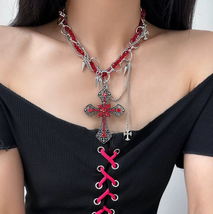 Crimson Cross Studded Choker