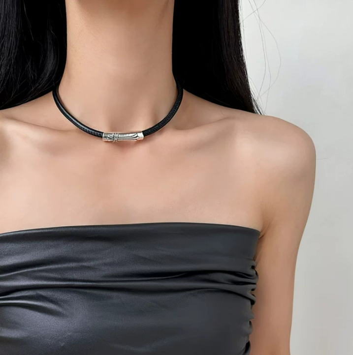 Aged Cross Leather Choker