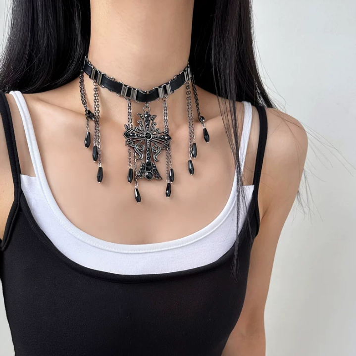 Noir Teardrop Cross Necklace