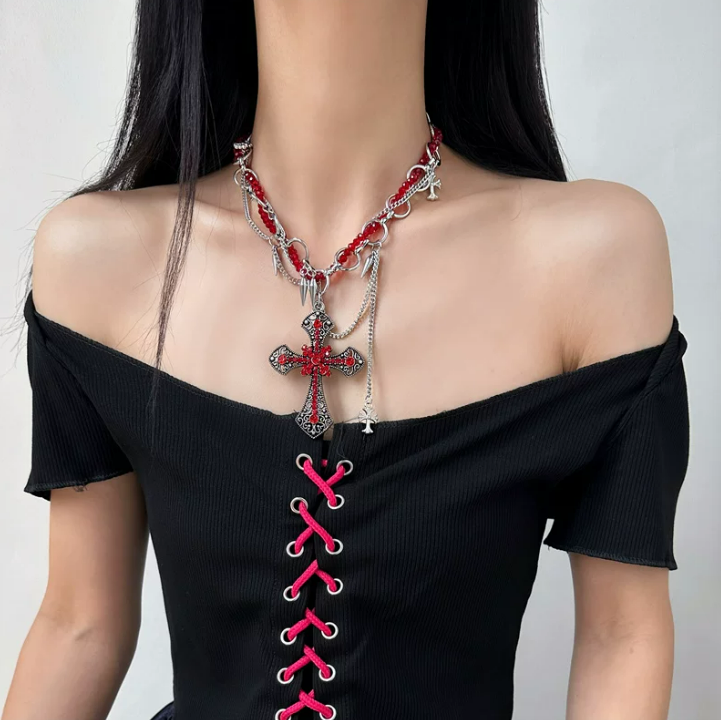 Crimson Cross Studded Choker