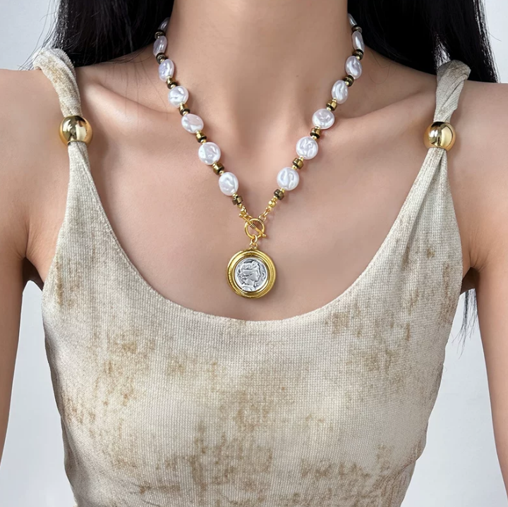 Antique Coin Pearl Necklace