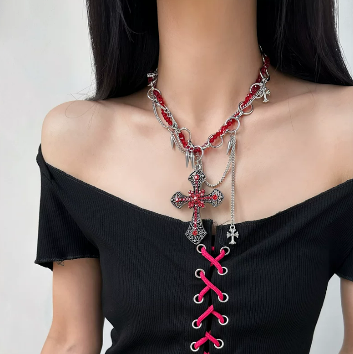 Crimson Cross Studded Choker