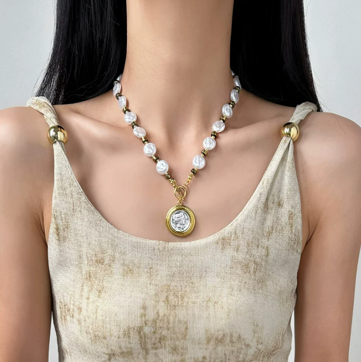 Antique Coin Pearl Necklace