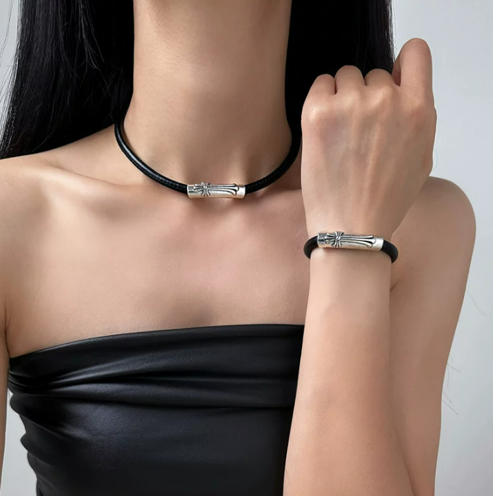 Aged Cross Leather Choker