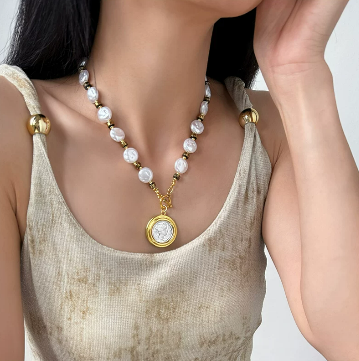 Antique Coin Pearl Necklace