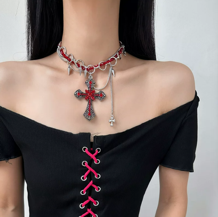 Crimson Cross Studded Choker